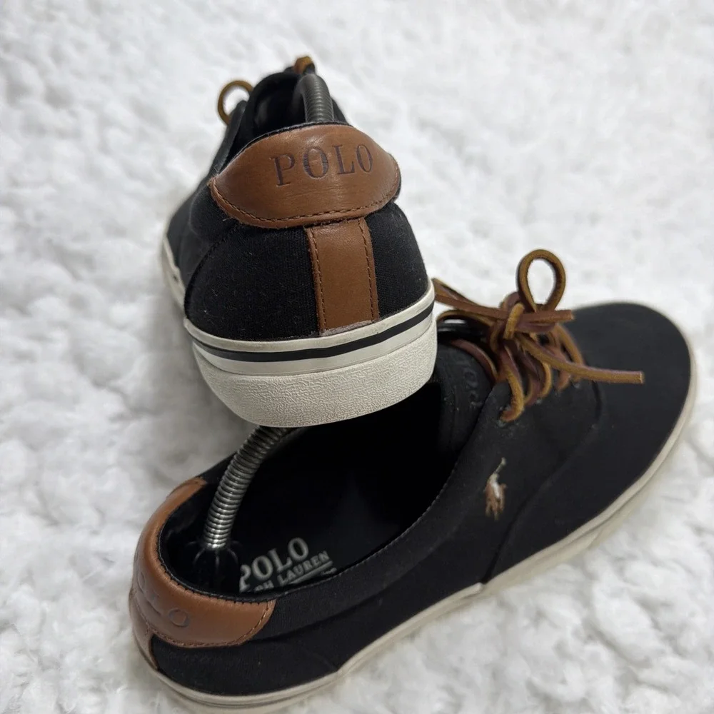 POLO RALPH LAUREN Thornton Canvas Boat Shoes Deck Leather Laces Black Brown 11.5